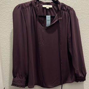 NWT loft petite medium purple blouse. Long sleeve. Tunic tie collar.